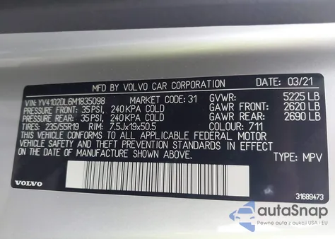 2021 Volvo Xc60 T5 Inscription из США, поврежденный, VIN YV4102DL6M1835098